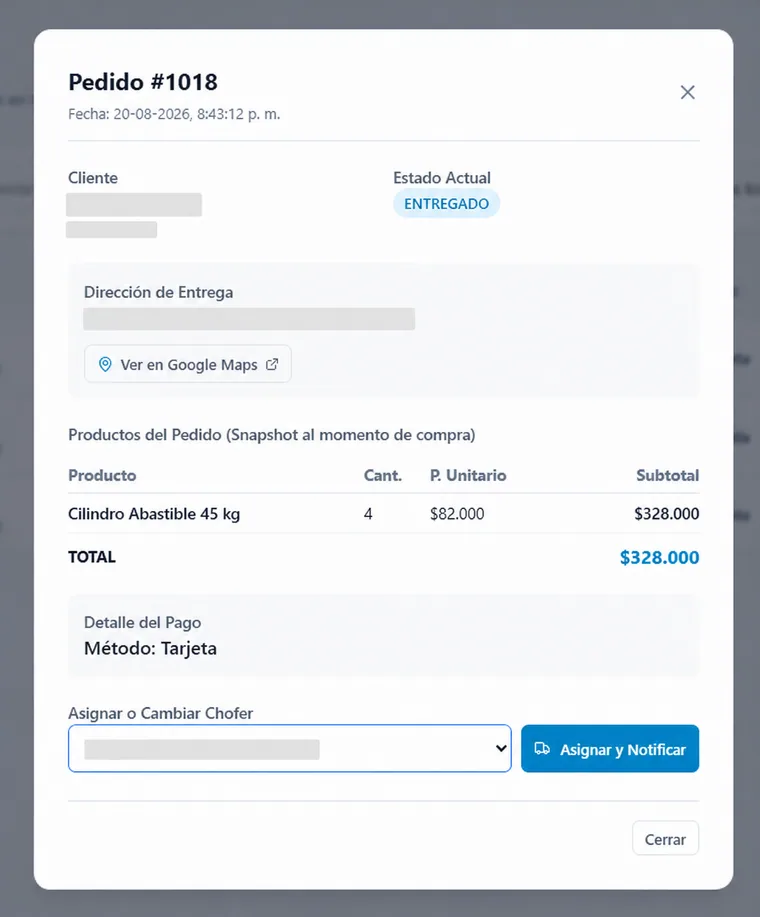 Detalle de un pedido con cliente, dirección, productos, pago y asignación de chofer